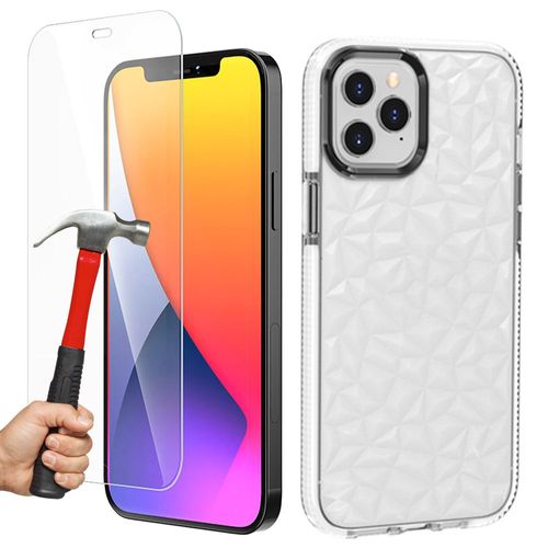 Coque Silicone + Protection D'écran Pour Iphone 12, Antichoc Solide 3d Élégant Motif Diamant - Blanc