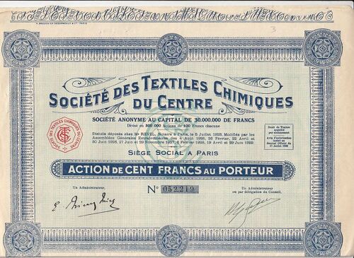 Societe Des Textiles Chimiques Du Centre  Action De 100 Francs Au Porteur