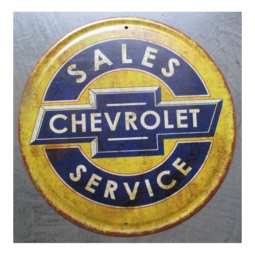 Plaque Sales Chevrolet Service Vieillit Jaune Bleu Ronde 30cm Tole Deco