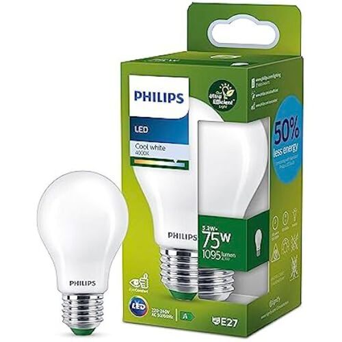 Philips Ampoule Led Ultra Efficient Classe A, 75w, Culot E27, Blanc Froid 4000k, Dépolie