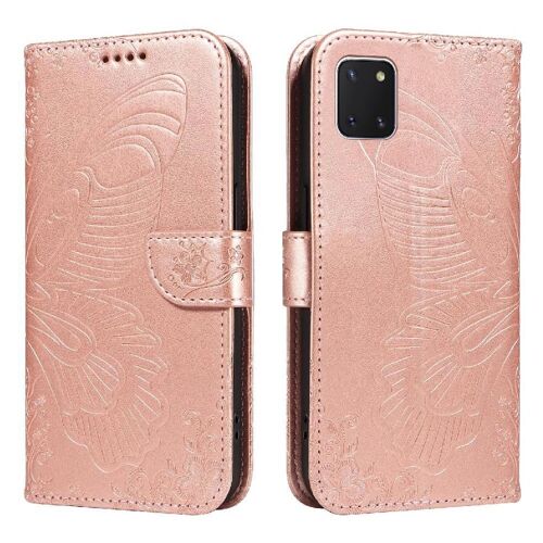Flip Étui Pour Samsung Galaxy Note10 Lite Cuir De Haute Qualité Papillon En Relief Avec Fente Pour Carte De Crédit Sangle De Main Détachable - Couleur Rose