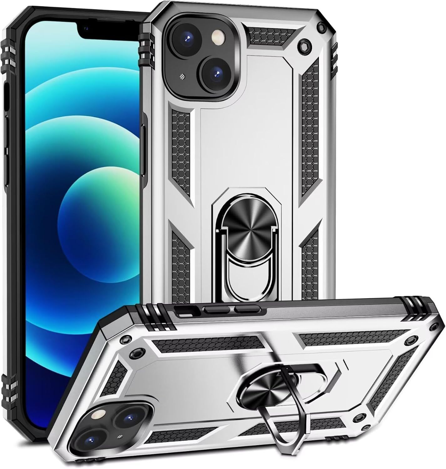 Compatible Avec Coque Iphone 15 Avec Aimant Anneau Support, 360°Double Couche Renforcée Défense Bumper Antichoc Armure Housse Etui Avec Protection Écran-Argent