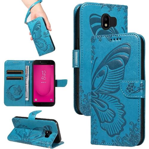 Flip Étui Pour Samsung Galaxy J4 2018 Avec Fente Pour Carte De Crédit Papillon En Relief Cuir De Haute Qualité Sangle De Main Détachable - Bleu