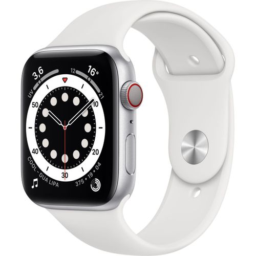 Apple Watch Series 6 (GPS + Cellular) - Boitier 44 mm acier argent avec bracelet sport blanc
