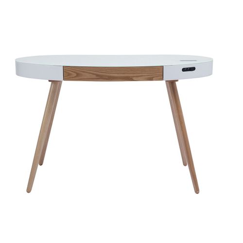 Bureau Connecté Multimédia - Verre Blanc Et Bois Clair Handy