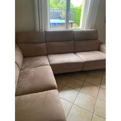 Canapé d'angle 5 places, relax électrique + pouf