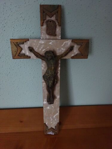 Ancien Crucifix Croix Bois Christ En Bronze.