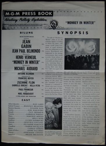 Jean Gabin * Jean Paul Belmondo * Un Singe En Hiver - Monkey In Winter * Henri Verneuil - 1962 - Usa - Press Book * 4 Pages * 39x29 Cm * Présentation Affiches Et Pavés De Presse * Livret De Cinéma
