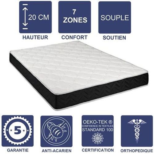 Matelas Latex 80 Kg/M3 + Aertech+ 35 Kg/M3 160x190 X 20 Cm Souple + Oreiller Visco 7 Zones De Confort - Très Respirant