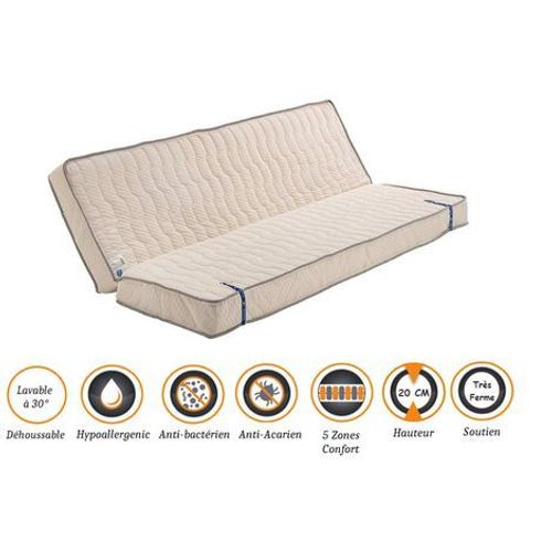 Matelas Très Ferme Pour Clic Clac 130x190 X 20 Cm - Dim Assise 60 Cm - Déhoussable Housse Lavable - 5 Zones De Confort - Ame Poli Lattex Haute Résilience - Hypoallergénique