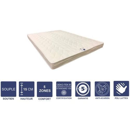 Matelas Souple Avec Latex Naturel + Alèse 90x200 X 15 Cm - 5 Zones De Confort - Noyau Poli Lattex Hr Dernière Génération - Très Respirant