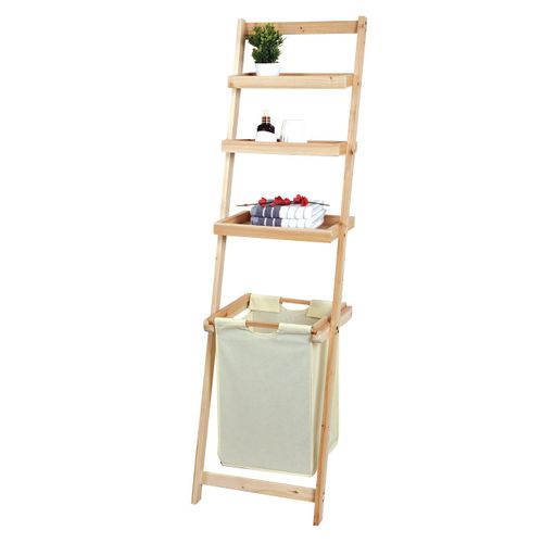 SoBuy® FRG160-N Étagère Murale Style échelle pour Salle de Bain avec 1 Panier à Linge Amovible et 3 Niveaux de Rangement