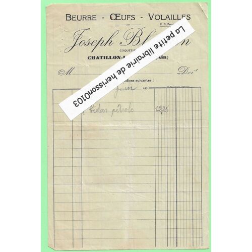 Facture Joseph Blandon Coquetier, Années 1930, Beurre, Oeufs, Volailles, Chatillon La Palud (Ain)