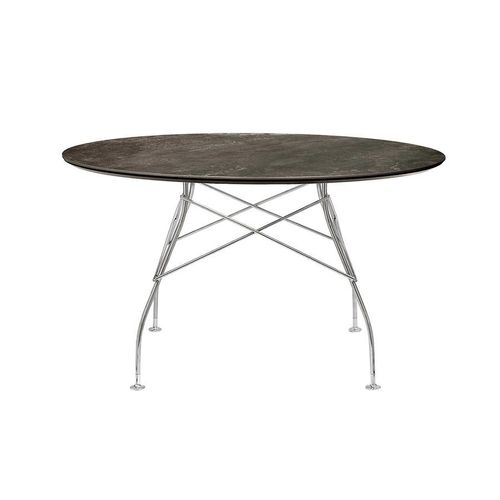 Kartell Table Ronde Glossy Ø 128 Cm (Aged Bronze - Grès Finition Marbre Et Acier Chromé)