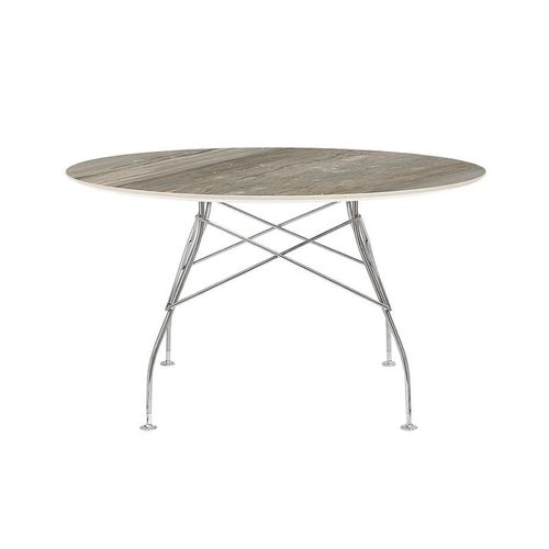Kartell Table Ronde Glossy Ø 128 Cm (Tropical Grey - Grès Finition Marbre Et Acier Chromé)