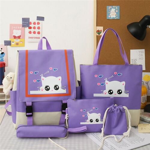 Ensemble de sac à dos de style universitaire trois, quatre, cinq et six pièces avec un joli sac d'école imprimé chat SHB3040