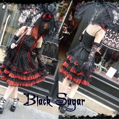 Robe Black Sugar Lolita Noir Lacet Devant Reglable Dentelle Rouge Japonais Manga Soirée Déguisement Cosplay