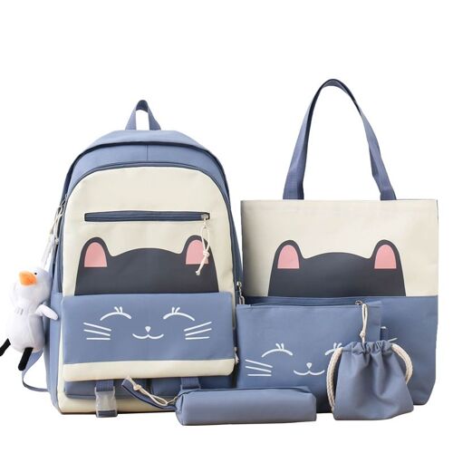 Cartable femme dessin animé chat mignon sac à dos léger grande capacité Junior lycée étudiant sac à dos décontracté ensemble de cinq pièces SHB87