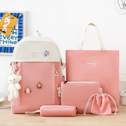 Sac à dos de style coréen pour femmes, ensemble de cinq pièces de campus de lycée, couleur unie, grande capacité, sac de tutorat portable SHB98