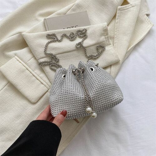 Sac seau à cordon de serrage en diamant pour femmes, sac à bandoulière avec strass brillant et chaîne SHB89