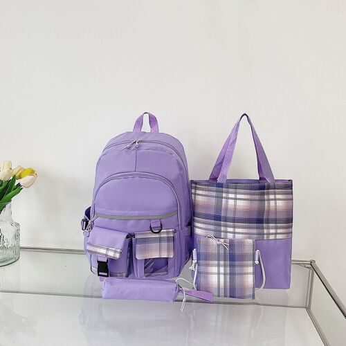 Sac d'école pour filles, sac à dos léger à décompression pour étudiantes, sac à dos à carreaux de style coréen, ensemble de quatre pièces tendance SHB69