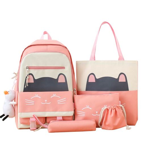 Cartable femme dessin animé chat mignon sac à dos léger grande capacité Junior lycée étudiant sac à dos décontracté ensemble de cinq pièces SHB84