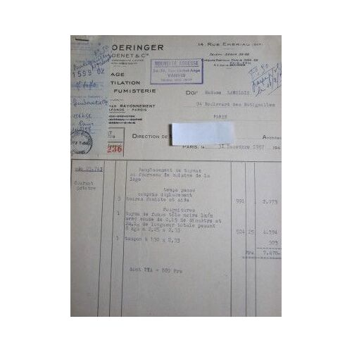 Facture Des Établissements Boeringer (Chauffage - Ventilation - Fumisterie) 1957