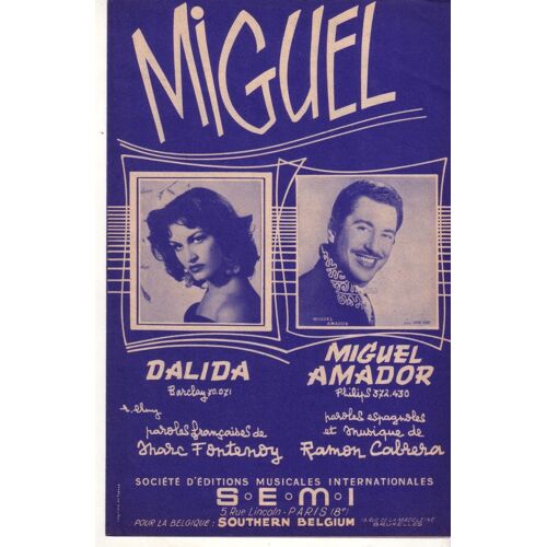 Partition Dalida, Miguel Amador:   Miguel, 4p 1957 (Guaracha Mambo) Par Ramon Cabrera (Paroles Françaises Marc Fontenoy); Photos & Fond Bleus