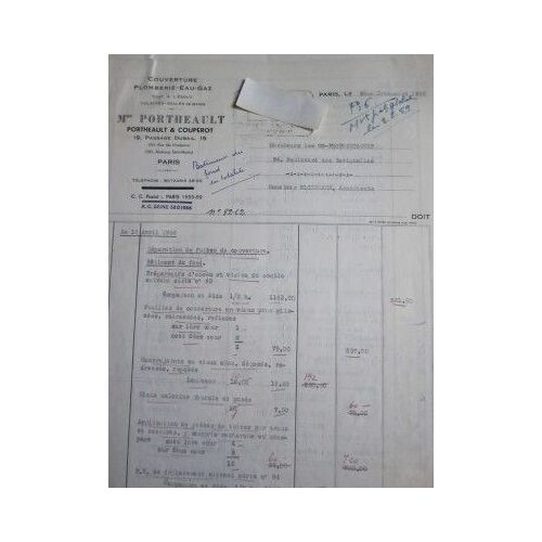 Facture De La Maison Portheault & Couperot (Couverture - Plomberie - Gaz) 1959