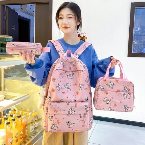 Sac à dos imprimé dessin animé mignon Mori pour femmes, grande capacité, sac d'école réduisant la charge au collège et au lycée, ensemble de trois pièces, sac à déjeuner isolé SHB178