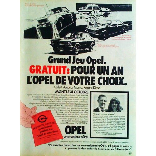 Publicité Ancienne Issue De La Revue Mickey D'octobre 1974 Pour Les Automobiles " Opel " Et Un Concours Pour Gagner Une Des 4 Voitures : Kadett, Ascona, Manta, Rekord Diesel.