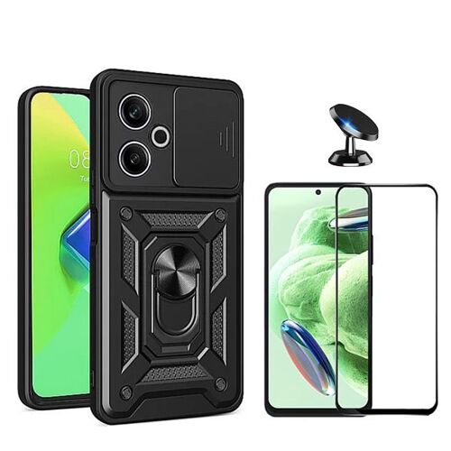 Kit De Film En Verre Trempé À Couverture Complète 5D + Couvercle Coulissant De Défenseur Militaire Magnétique + Support Magnétique De Voiture Phonecare Compatible avec Xiaomi Poco M6 4G - Noir