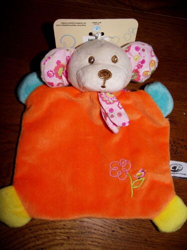 Doudou Plat  Souris Cp International  Orange Bleu Turquoise Jaune  Fleurs  Oiseau