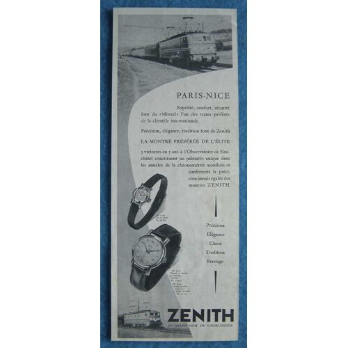 Publicité Papier - Montre Zenith, Sncf Paris-Nice De 1956