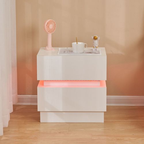 Table de chevet, Table de Nuit Brillante avec LED et 2 Tiroirs 60x39x45cm avec Lampe USB pour Chambre et Salon