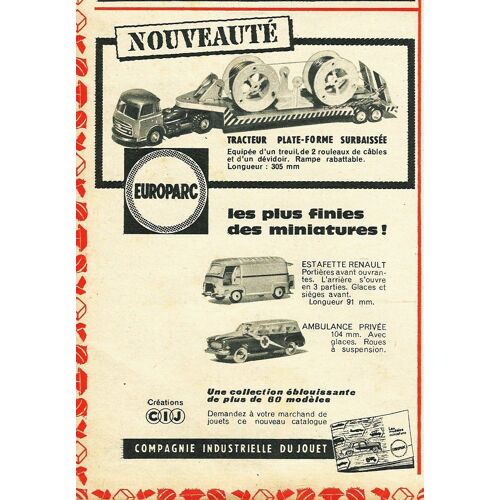 Publicité Ancienne Issue D'une Revue Mickey De Décembre 1960 Pour Les Miniatures " Europark ", Création " Cij " : Estafette Renault, Ambulance Privée Et Tracteur Plate Forme Surbaissée.