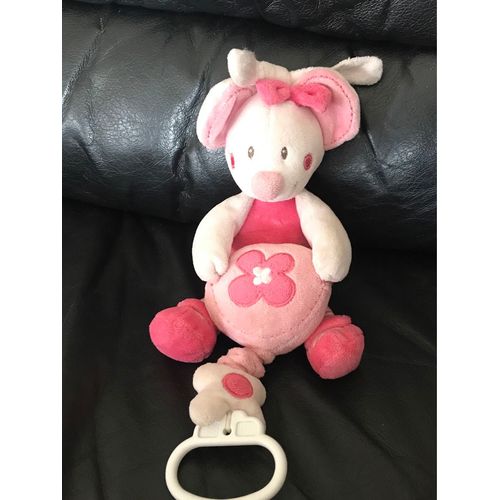 DOUDOU PELUCHE MUSICAL NICOTOY SOURIS ROBE ROSE FLEUR PATTE RAYEE 22cm 