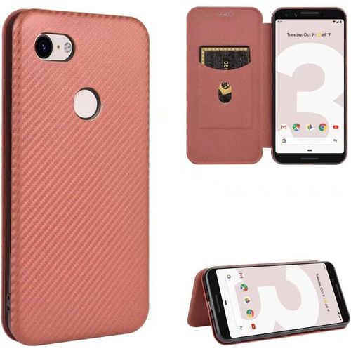 Compatible Avec Coque Google Pixel 3, Mince Flip Fibre De Carbone [Test De Chute] Antichoc Stand Fente Avec Carte, Protecteur D'écran En Verre Trempé*2-Marron