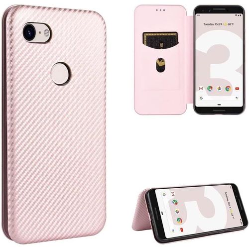 Compatible Avec Coque Google Pixel 3, Mince Flip Fibre De Carbone [Test De Chute] Antichoc Stand Fente Avec Carte, Protecteur D'écran En Verre Trempé*2-Or Rose