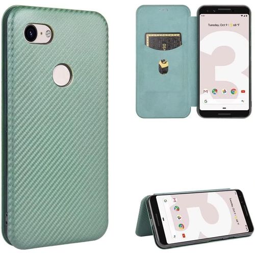 Compatible Avec Coque Google Pixel 3, Mince Flip Fibre De Carbone [Test De Chute] Antichoc Stand Fente Avec Carte, Protecteur D'écran En Verre Trempé*2-Vert