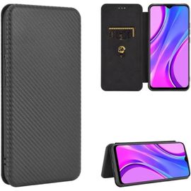 Compatible Avec Coque Xiaomi Redmi 9 Power, Mince Flip Fibre De Carbone [Test De Chute] Antichoc Stand Fente Avec Carte, Protecteur D'écran En Verre Trempé*2-Noir