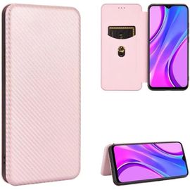 Compatible Avec Coque Xiaomi Redmi 9 Power, Mince Flip Fibre De Carbone [Test De Chute] Antichoc Stand Fente Avec Carte, Protecteur D'écran En Verre Trempé*2-Or Rose