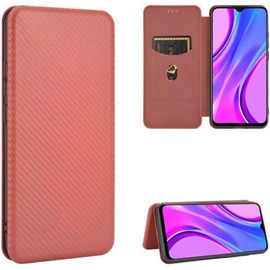 Compatible Avec Coque Xiaomi Redmi 9 Power, Mince Flip Fibre De Carbone [Test De Chute] Antichoc Stand Fente Avec Carte, Protecteur D'écran En Verre Trempé*2-Marron