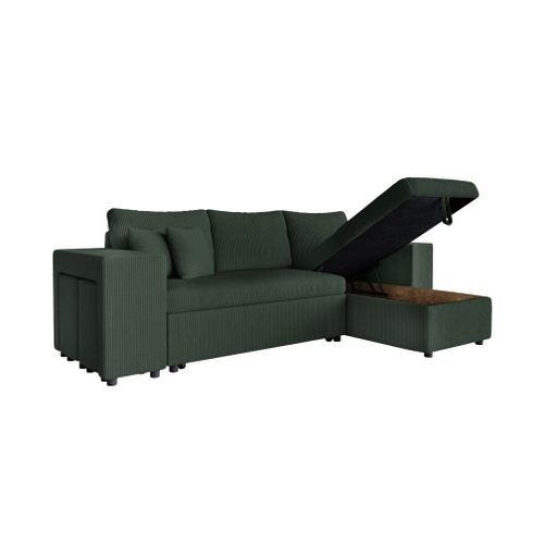 Canapé Convertible 2 Poufs Droit Et Étagère En Velours Côtelé - Vert