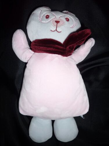 Doudou "Nounours", Peluche Chat Rose Bleu Écharpe Bordeaux, 30 Cm