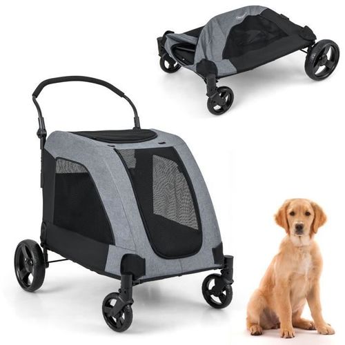 Costway Poussette Buggy Pliable Animaux - Poignée Réglable, 4 Roues Amortissantes - Charge 60kg - Chariot Pour Chat -Chien - Gris