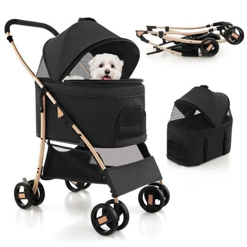 Costway Poussette Buggy Pliable Animaux - Auvent Réglable, Coussin Amovible, 4 Roues - Charge 15kg - Chariot Pour Chat -Chien - Noir