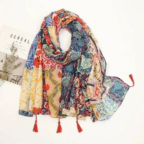 Mode Plage Longue Écharpe Dames Fleur Foulard 185*100cm Élégant Floral Imprimé Hijab Coton Viscose Gland Châle Pour Femme--Xb022-01