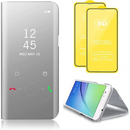 Compatible Avec Coque Samsung Galaxy M11 (Eur) Flip Clear View Translucide Miroir Cover Standing 360°Housse Étui Antichoc Smart Cover Bumper + Film Verre Trempé 2 Pièce-Argent