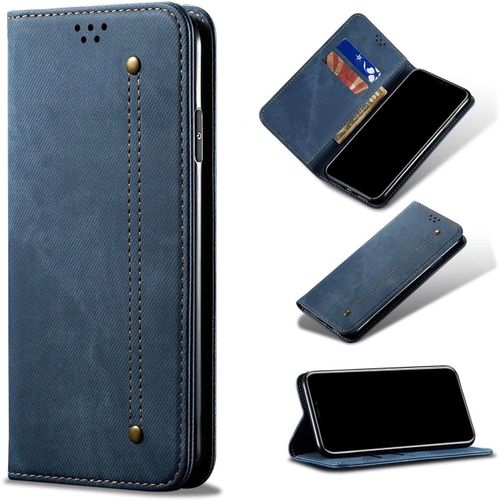 Compatible Avec Etui Xiaomi Redmi 9a, Flip Jeans Portefeuille Housse Avec Fente Carte, Magnétique Stand+Protecteur D'écran En Verre Trempé*2-Bleu